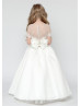 Short Sleeves Beaded Ivory Lace Satin Pearl Long Flower Girl Dress Princess Dress